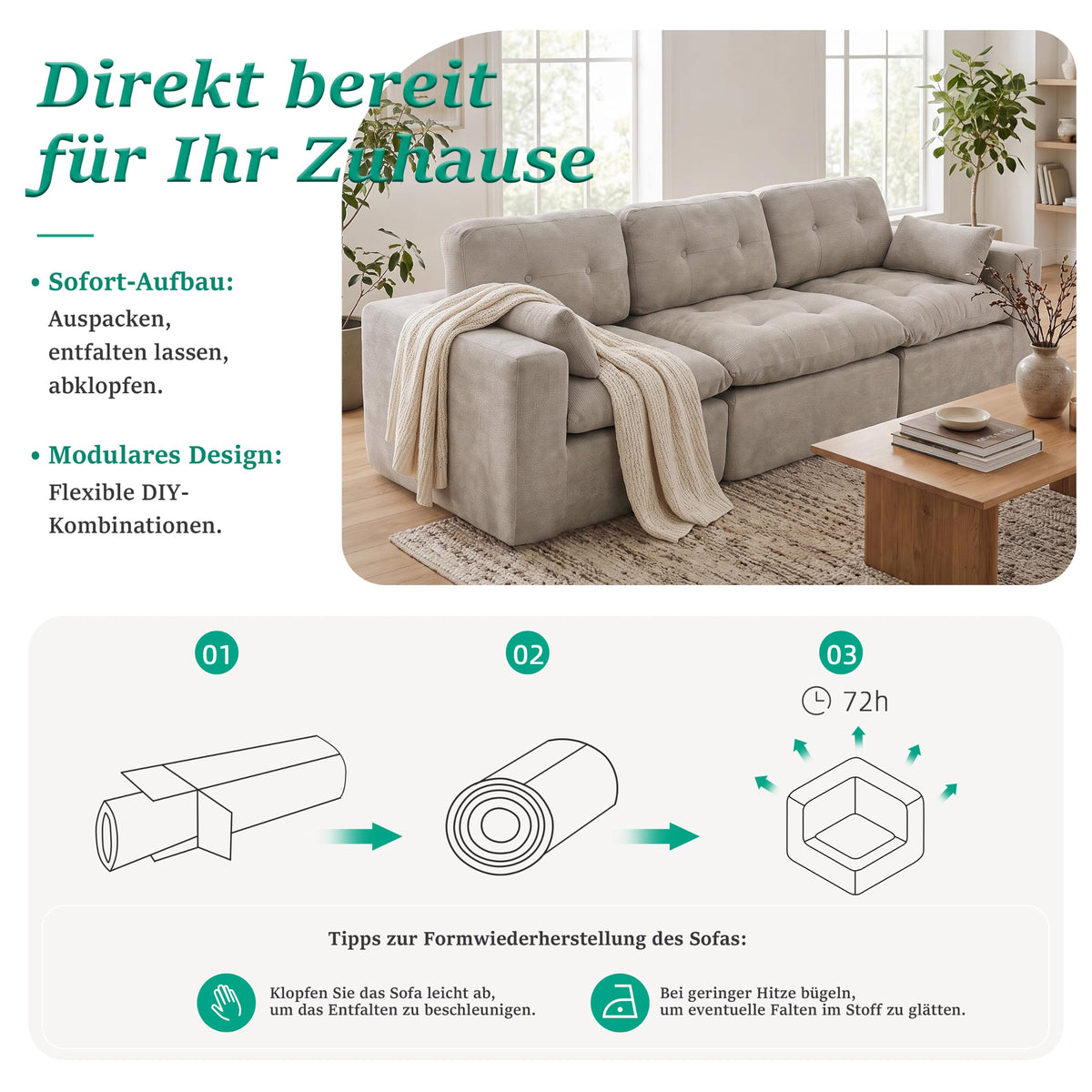 Sofá modular de 3 plazas con función de dormir, asiento extra profundo, felpilla para el hogar, sofá sin marco, sofá cama flexible para salón, verde
