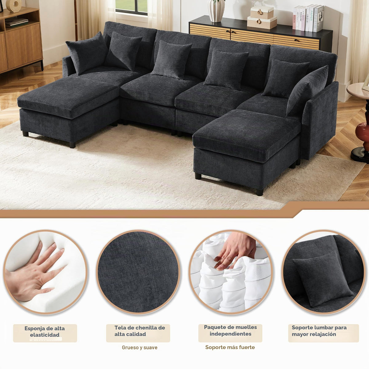 Sofá modular de 6 plazas, sofá esquinero en forma de L/U, puertos USB/tipo C, portavasos y espacio de almacenamiento, tela de chenilla, 7 cojines, salón, dormitorio y oficina, color beige