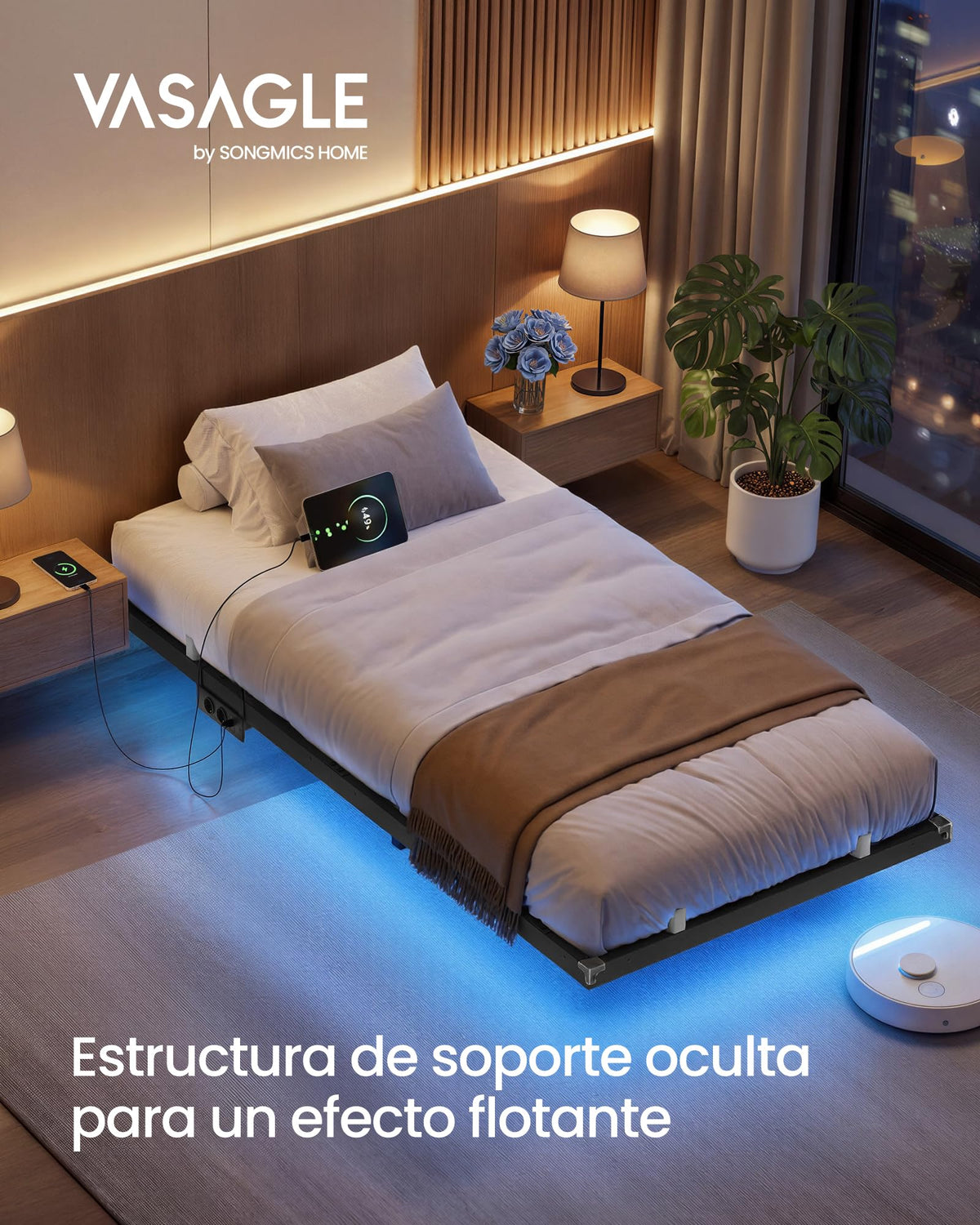VASAGLE Marco de Cama Flotante, 140 x 200 cm, LED, 2 Tomas y 3 USB