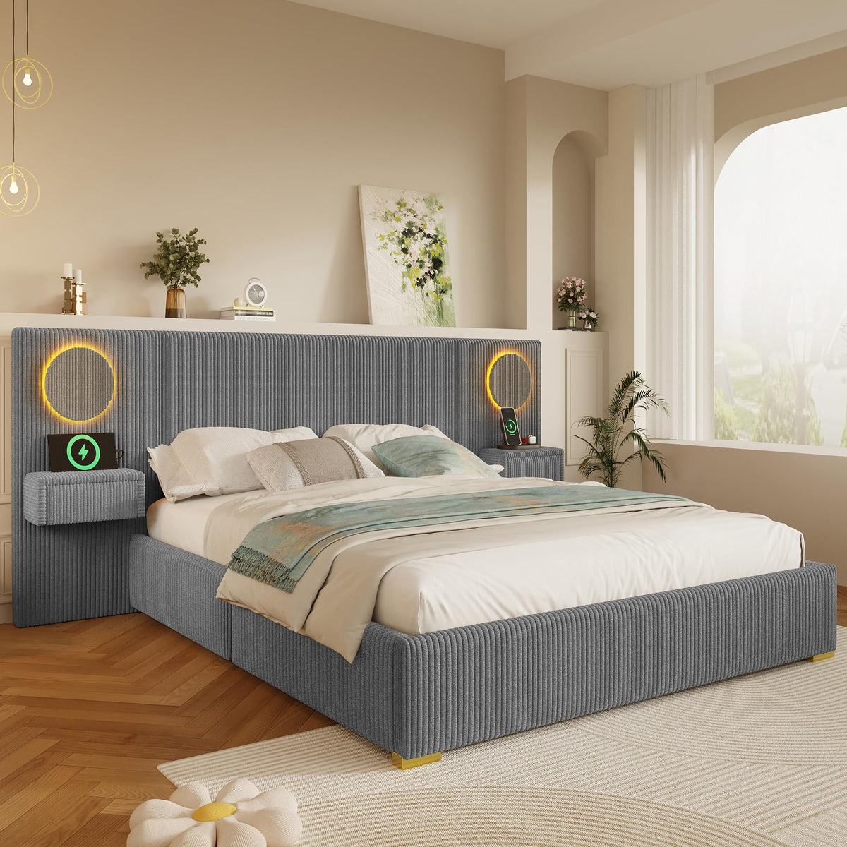 Moimhear Cama tapizada de terciopelo, cabecero LED, conectores USB, almacenamiento hidráulico