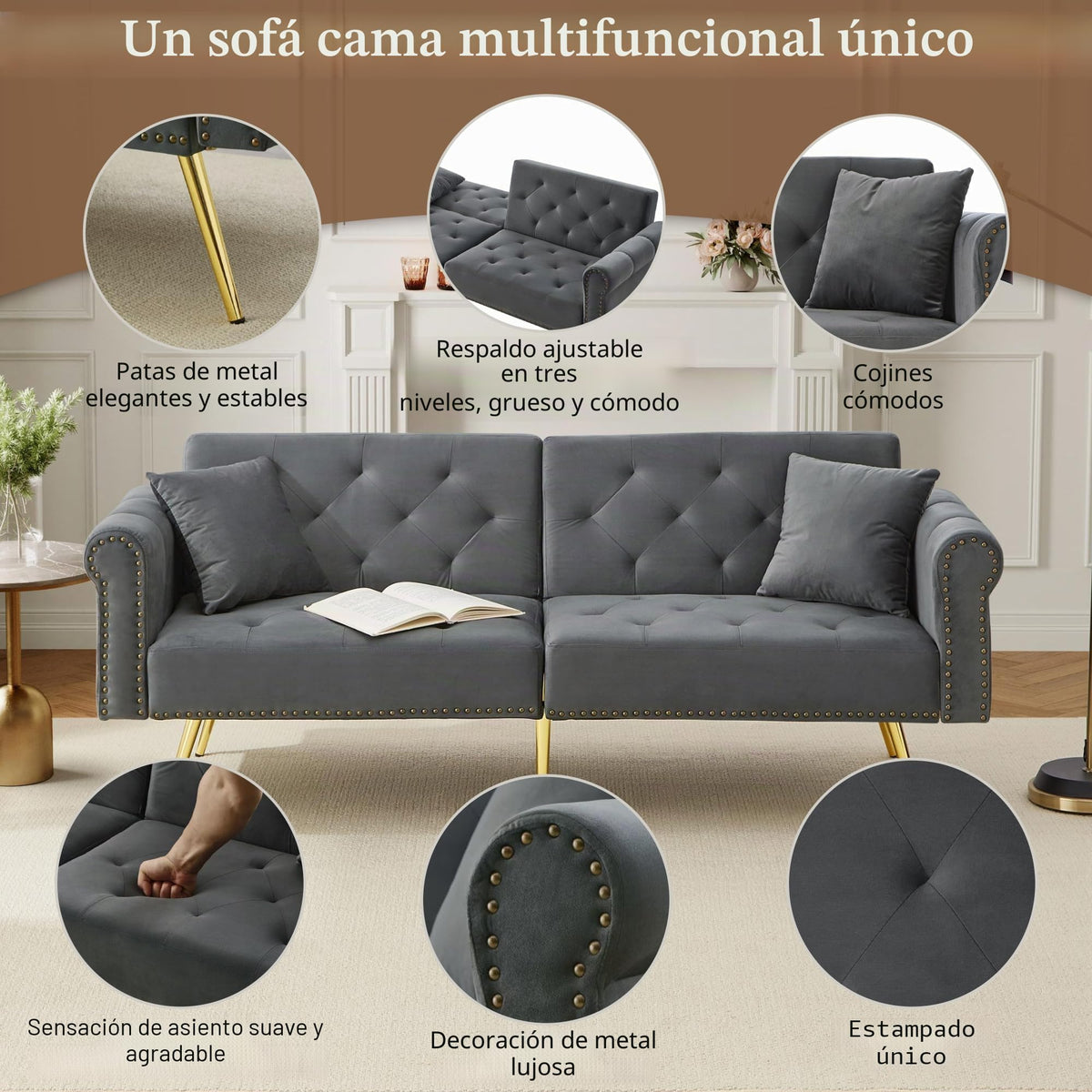Sofá cama con esquinas ajustables, patas doradas, almohadas y bolsillos laterales para almacenamiento (Bavia)