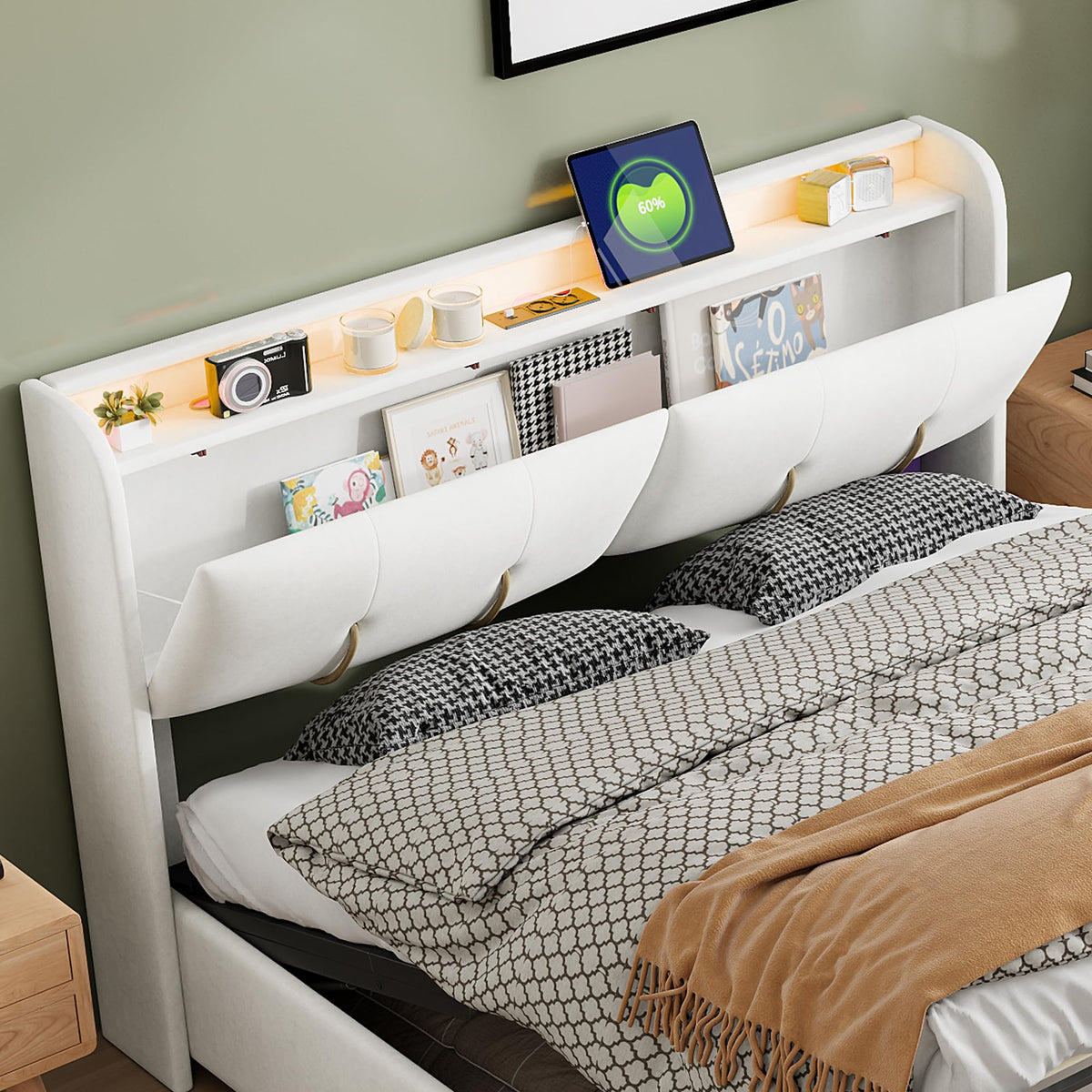BRILVERDE Cama Tapizada 160x200 con Almacenamiento, Cama matrimonial con cajones, Cama Nido con LED, Cabecero Acolchado y Base de Láminas, Terciopelo (Beige, 160 x 200 cm)