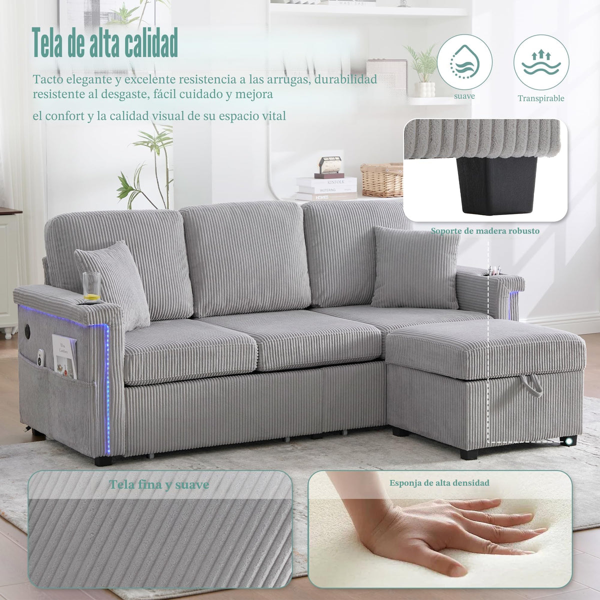 Lubvtti Sofá cama de 3 plazas moderno con función de cama, con espacio de almacenamiento, cargador USB, reposabrazos portaobjetos y 2 cojines, sofá de esquina en L, sofá de 3 plazas, chenilla (C-gris)
