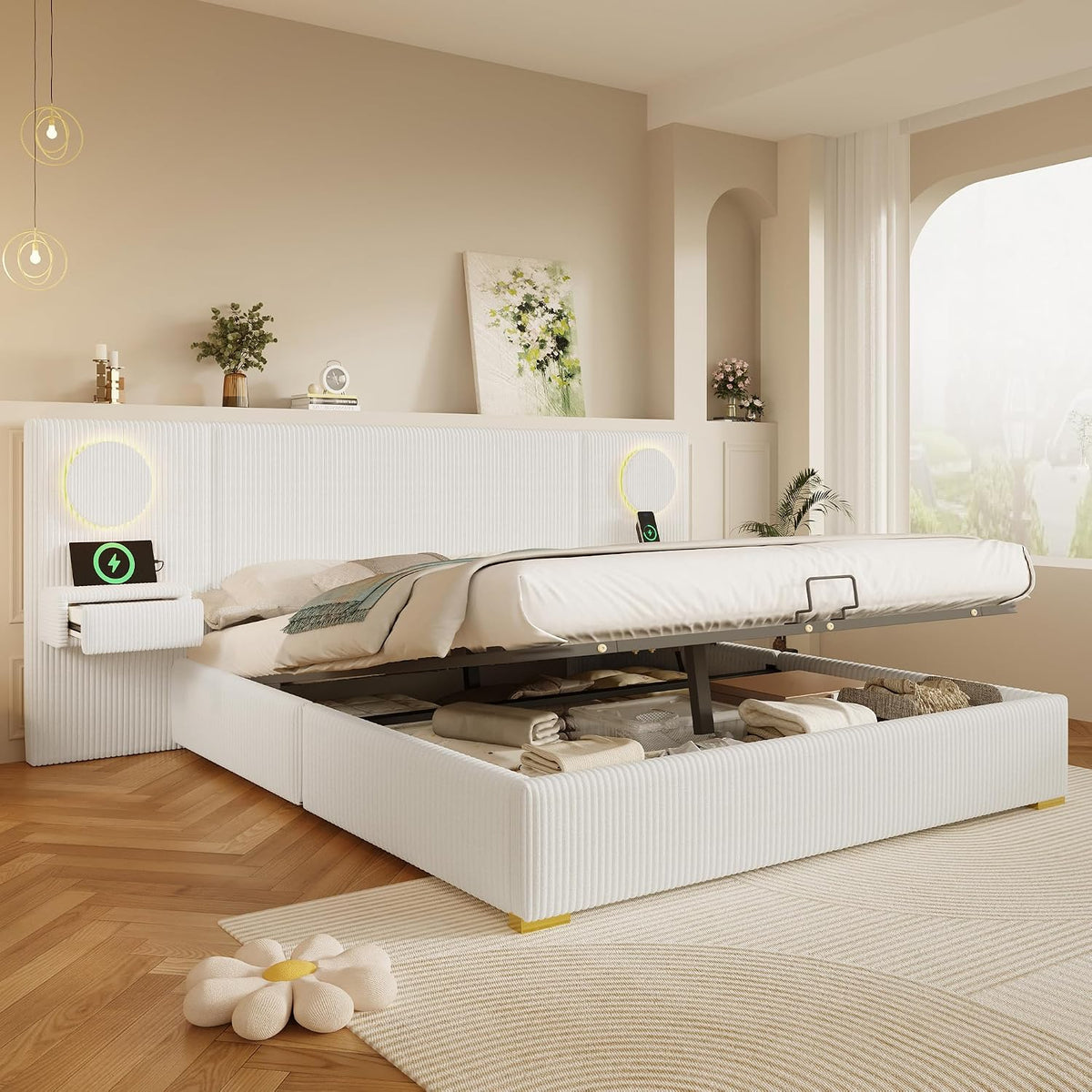 Moimhear Cama tapizada de terciopelo, cabecero LED, conectores USB, almacenamiento hidráulico