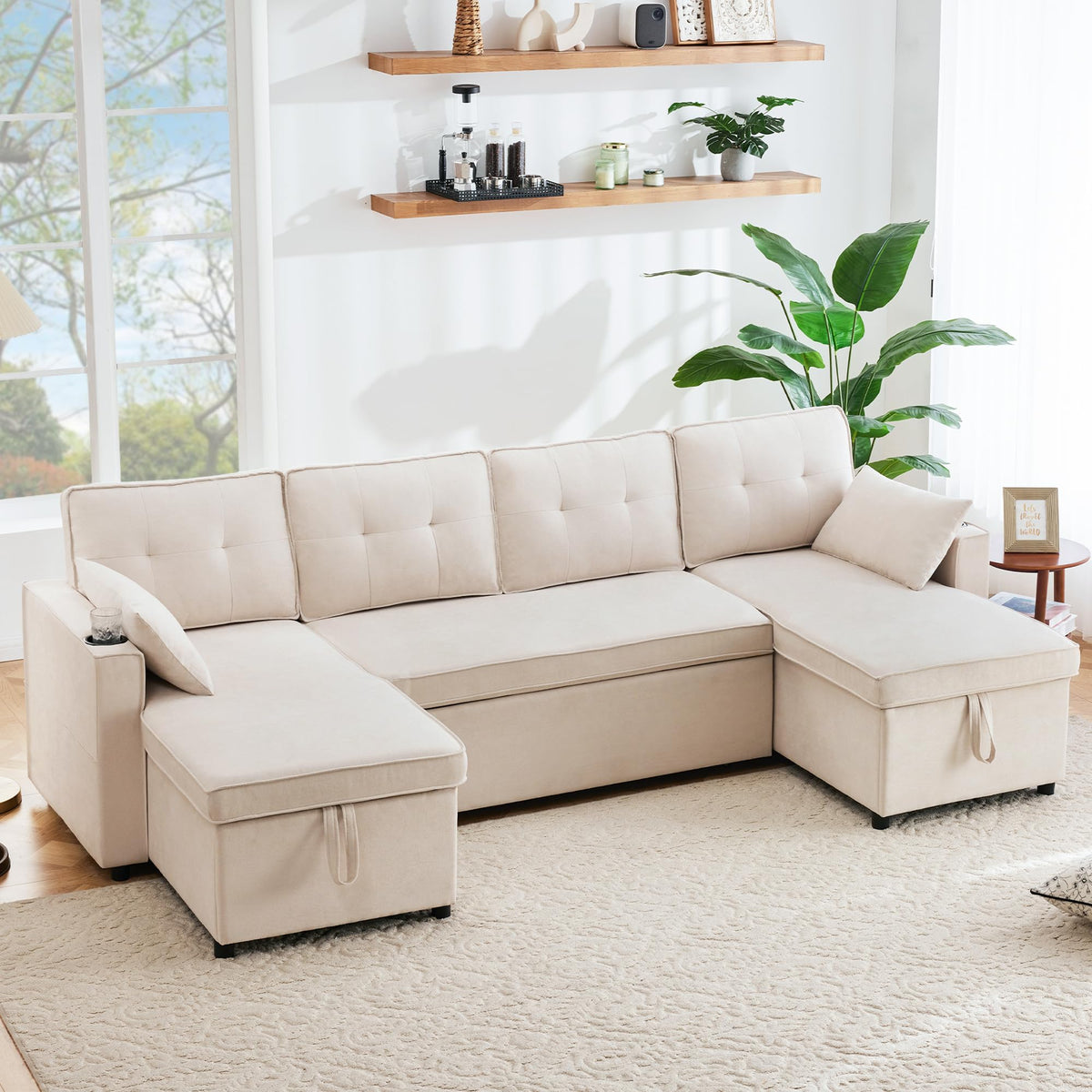 Sapgaks Sofá Seccional en U Moderno,Sofá 4 plazas,Mueble Acolchado de diseño Moderno,Tela de Chenilla (Beige)