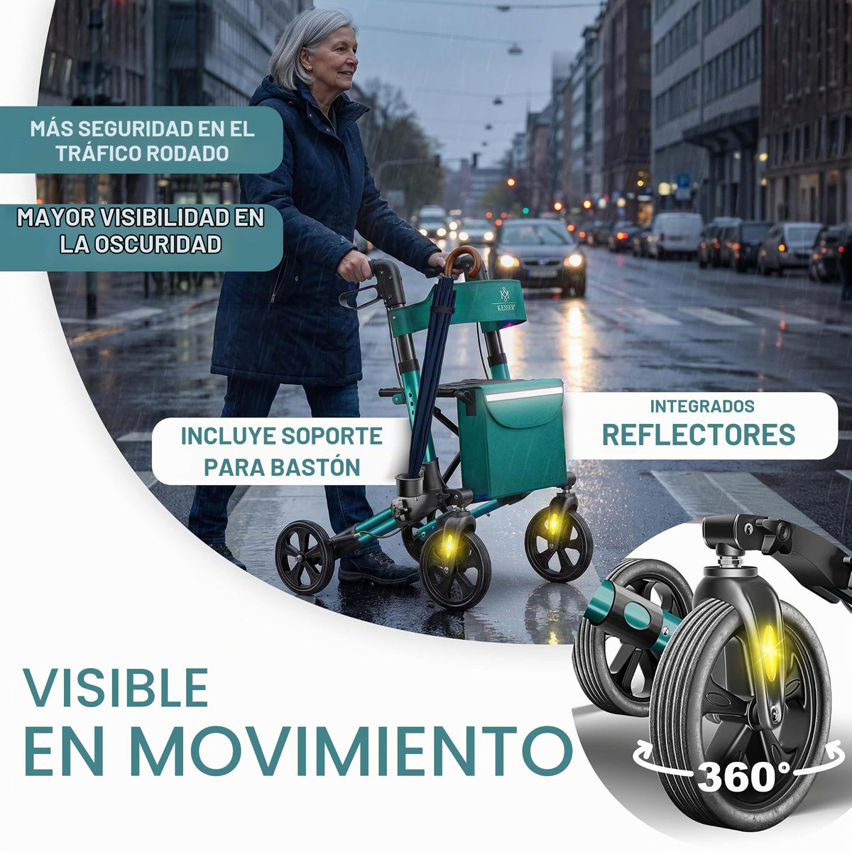KESSER® Andador plegable con asiento y respaldo, 4 Ruedas/Frenos/Saco de Compra y Porta Bastón, Altura Ajustable 82-94cm, Andador, Carro, Rollator para Ancianos Gris