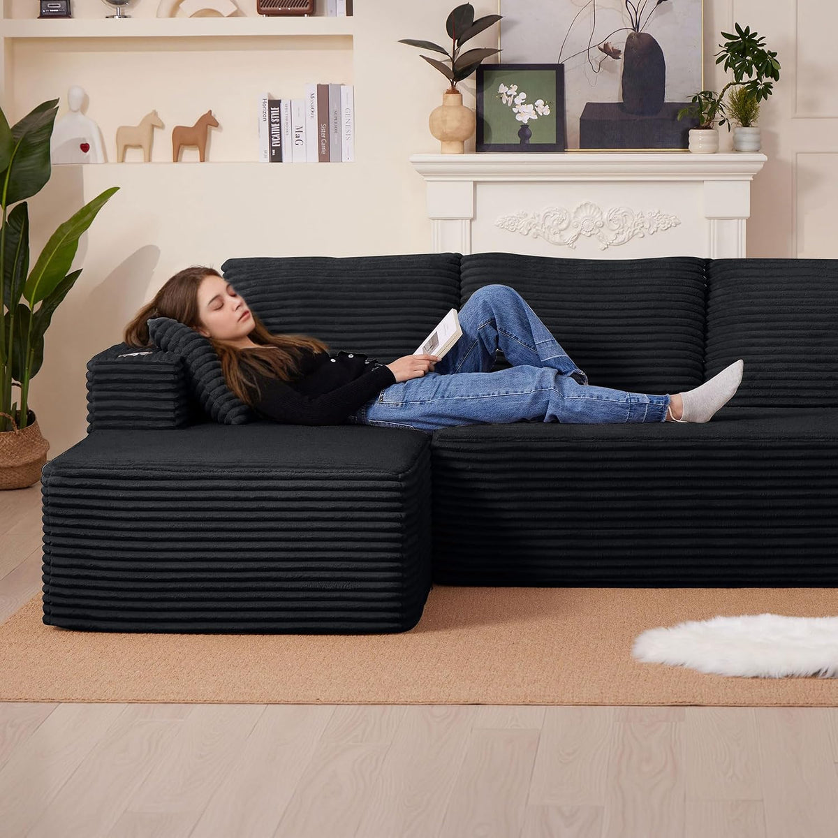 Sofa Modular sofás Comprimidos al vacío, Sofa Cama Chaise Longue 102 inch/261cm Sofá de Suelo Modular sin Estructura con Función de Dormir, Sofá para Salón o Apartamento, Negro