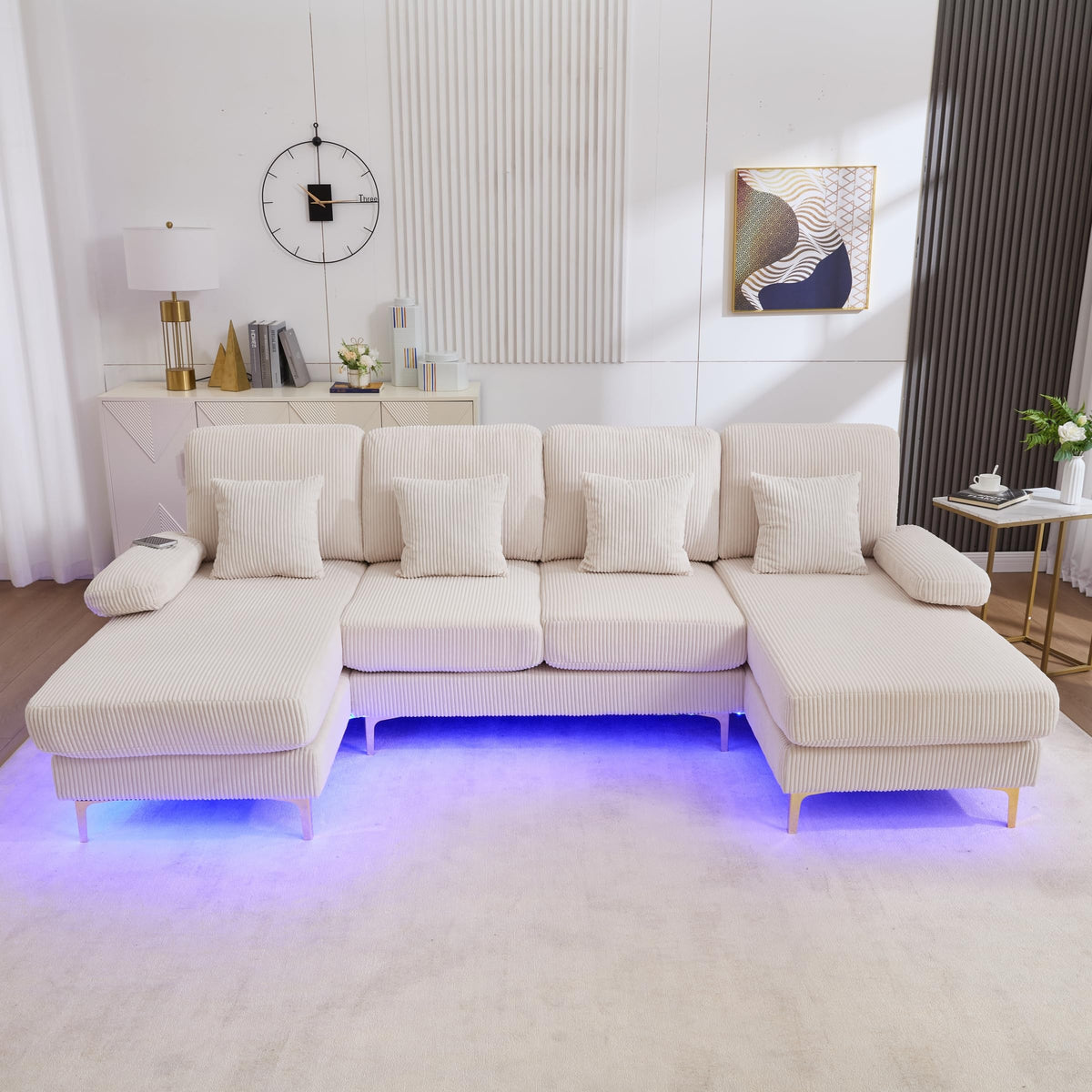 Lubvtti Sofá Moderno en U con iluminación Ambiental LED y Puerto USB+Type-C,sofá 4 plazas con 4 Cojines de Lujo y Respaldo ergonómico, sofá cheslong 4 plazas,Terciopelo,Negro