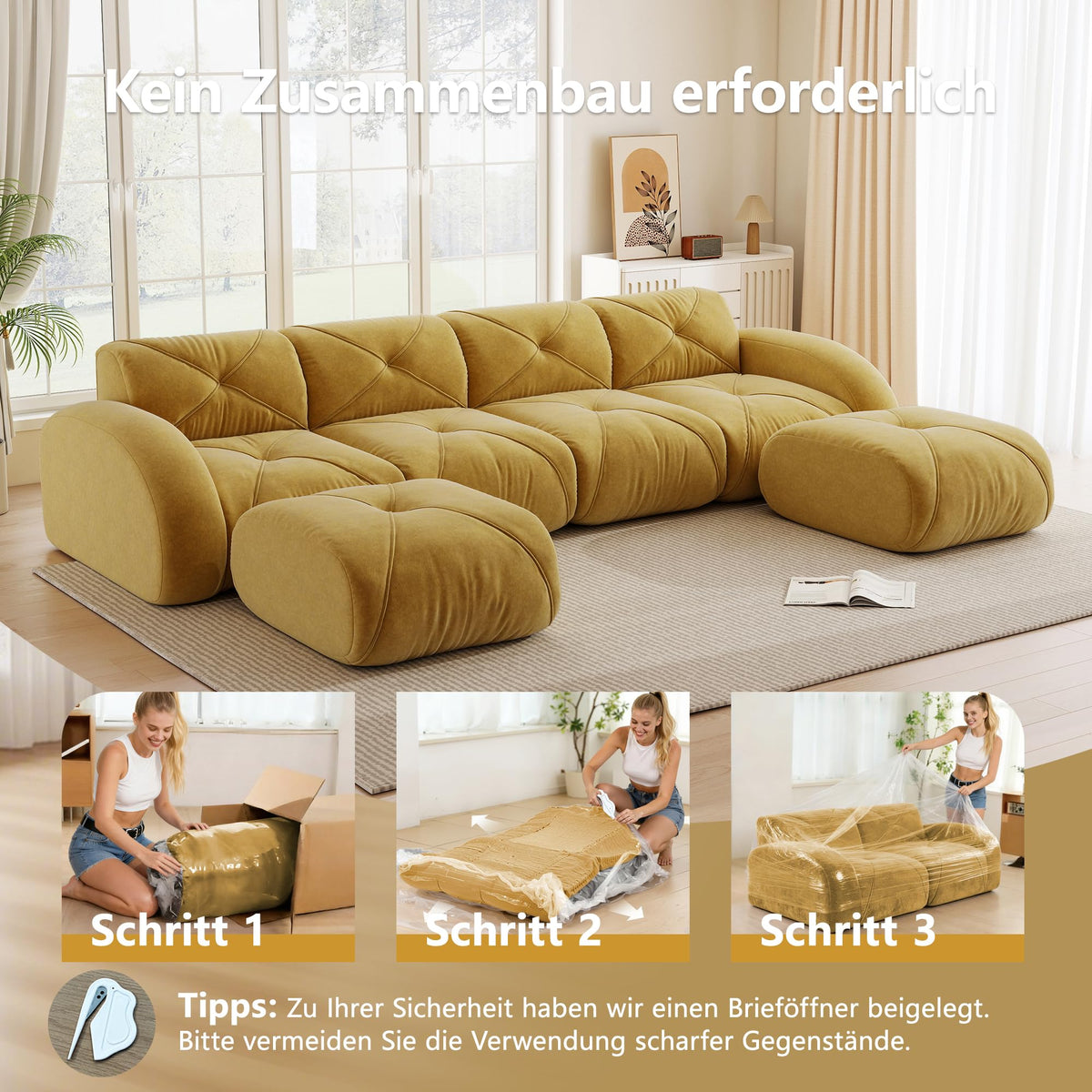 Sofá de esquina en forma de L de 4 plazas con reposapiés, sofá modular Cloud sin marcos de chenilla, sofá de estar suave, antideslizante, combinable de forma flexible, sin montaje, salón color