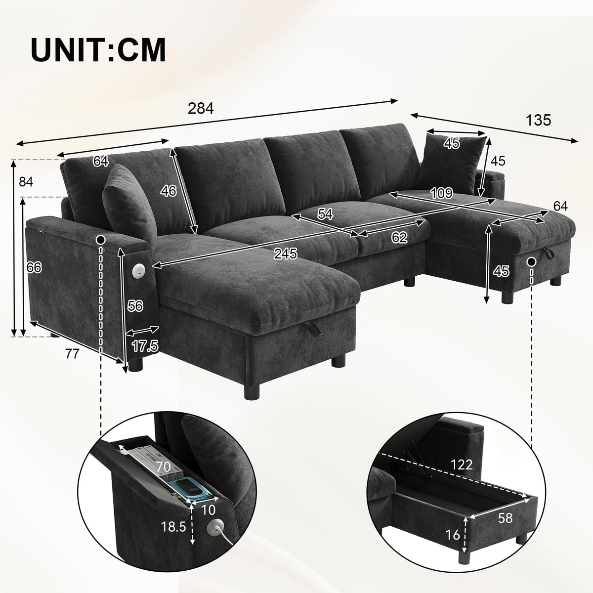 Sofá moderno de chenilla en forma de U con chaise longue, sofá esquinero de 4 plazas con espacio de almacenamiento, puerto USB y tipo C, modular, con soporte para bebidas y cojines suaves