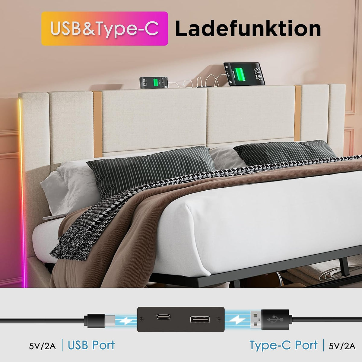 Cama tapizada doble USB tipo C función de carga APP Control LED 180 × 200 cm espacio espacio cama somier de láminas de madera, material de lino beige (sin colchón)