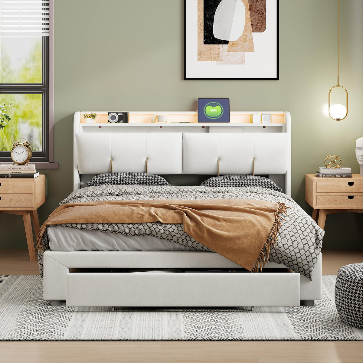 BRILVERDE Cama Tapizada 160x200 con Almacenamiento, Cama matrimonial con cajones, Cama Nido con LED, Cabecero Acolchado y Base de Láminas, Terciopelo (Beige, 160 x 200 cm)