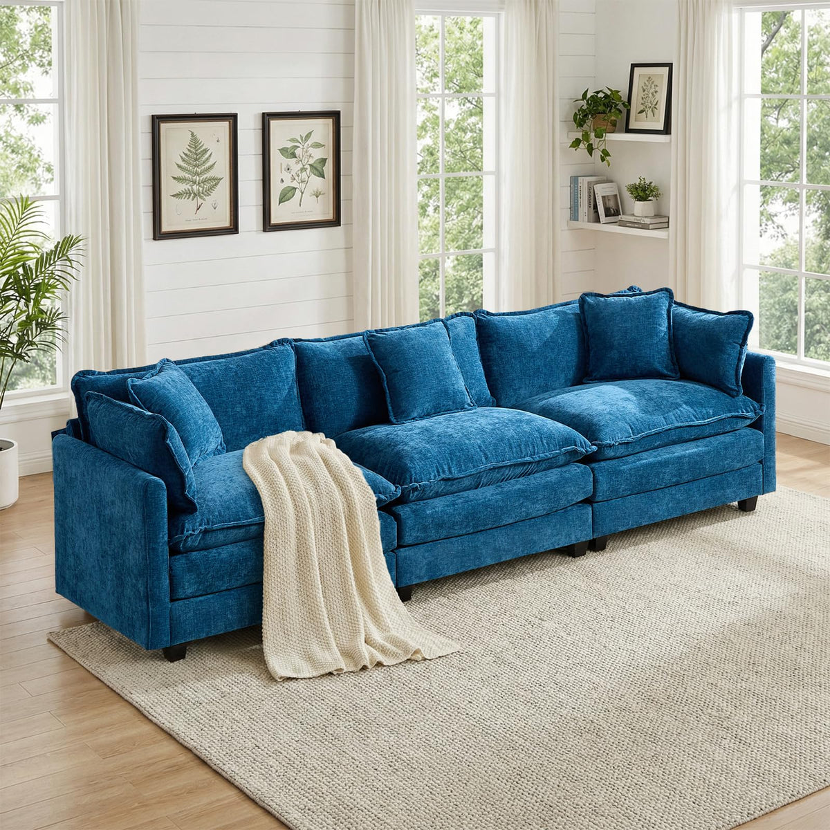 Sofá de salón modular 4 plazas 380cm, chenilla azul con cojines dobles