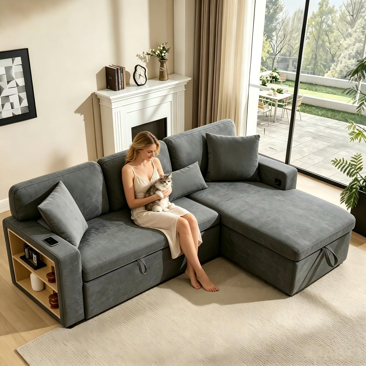 Sofá esquinero extensible en forma de L con puerto USB y portavasos, sofá cama de 4 plazas con función cama, sofá convertible con espacio de almacenamiento y reposabrazos, cojines, chenilla