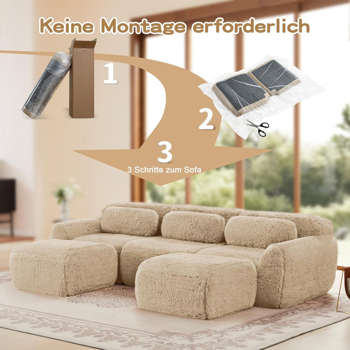 Sofá modular en forma de U, tela de felpa, sin montaje, base antideslizante, con cojín, soporte ergonómico, espuma de alta elasticidad, adecuado para sala de estar, dormitorio (caqui claro)