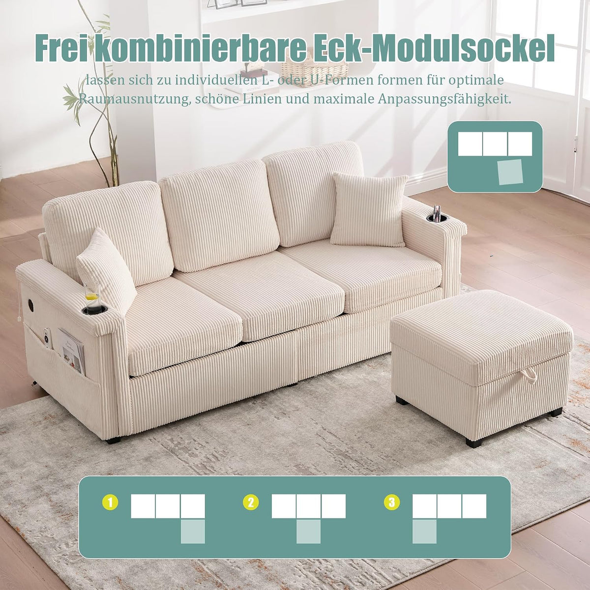 Dolamaní Sofá de terciopelo de 3 plazas con 2 cajones, soporte para bebidas, bolsillos laterales y reposapiés para sala de estar, dormitorio y oficina (beige)