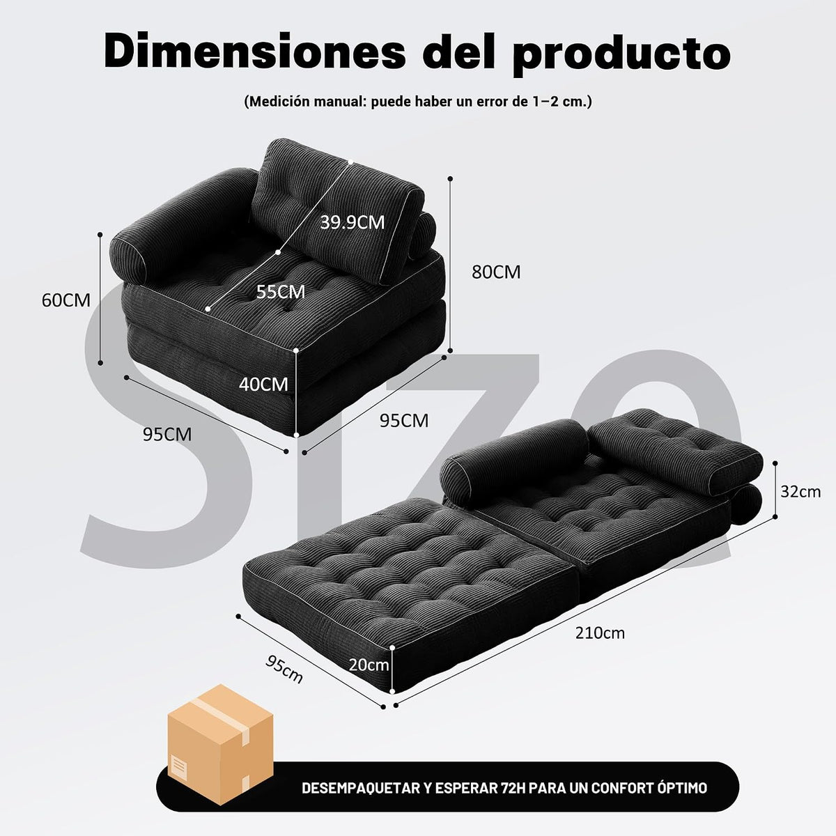 Sofá Convertible 4 en 1, Sofá Cama 1 Plaza, Pana, Negro