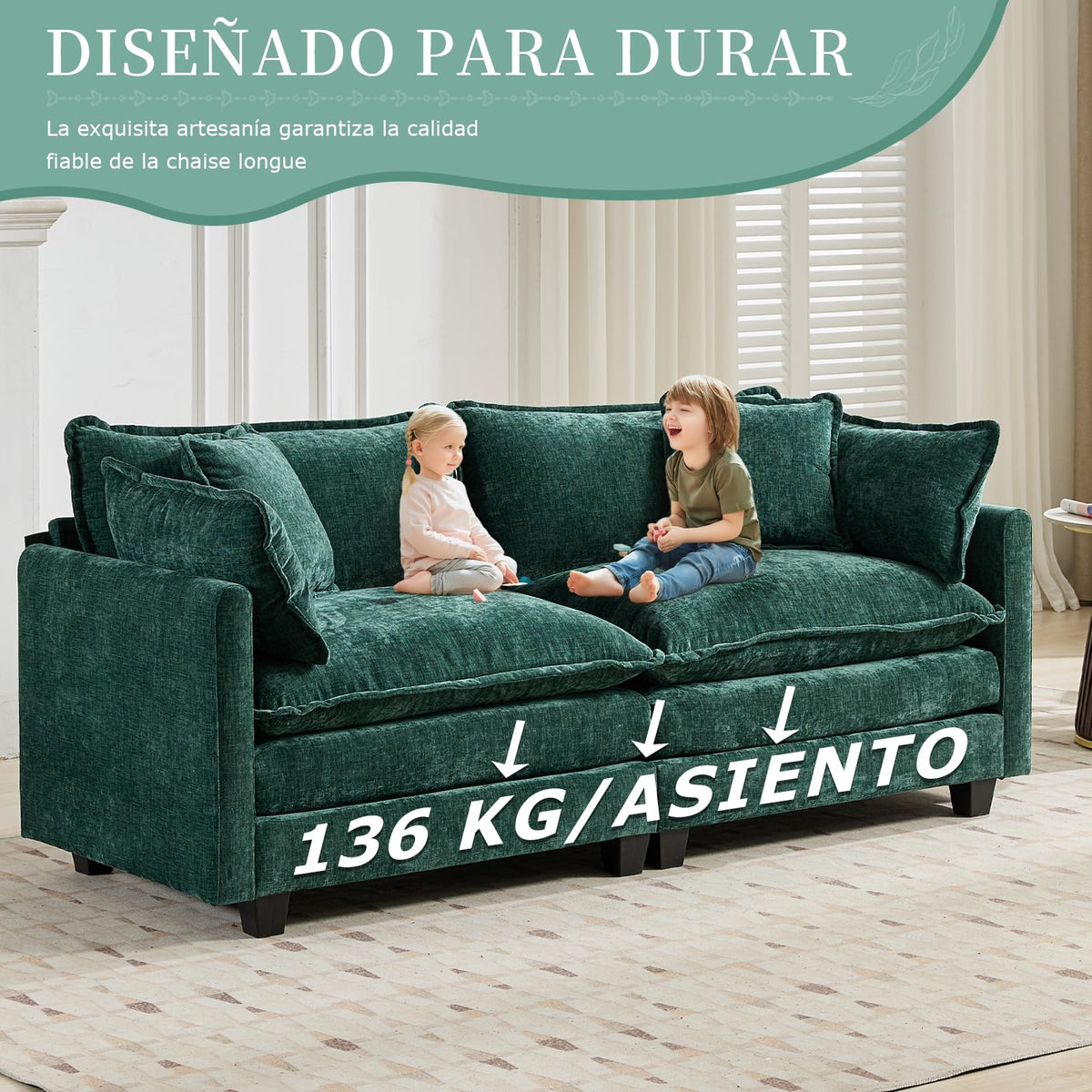 Sofá de salón modular 4 plazas 380cm, chenilla azul con cojines dobles