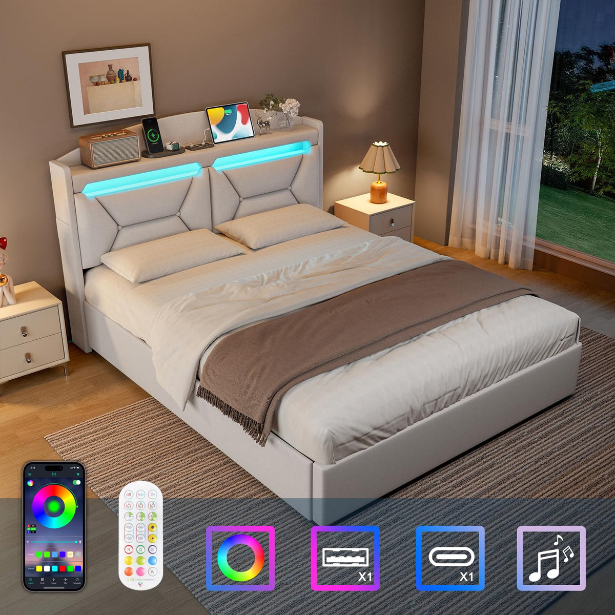 Cama 90x200 cm con Almacenamiento, Cama Individual con LED, Puertos USB y Type-C, Somier 90x200 Hidráulico, Camas Juveniles Camas Infantiles con Cabecero, Lino, Beige, Colchón No Incluido
