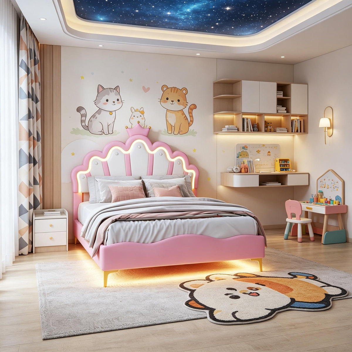 Cama Infantil tapizada 140 x 200 cm con LED, Cama tapizada para niños 140 x 200 con cabecera Ajustable Marco de Camas, Camas de Princesa para Niña en Forma de Corona con Somier(Rosa, 140 x 200)