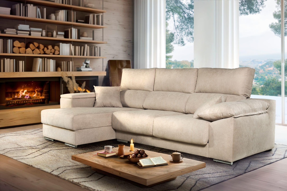 Sofá Chaise Longue Corsa Moderno y Contemporáneo | Confort Máximo con Asientos Deslizantes y Respaldos Reclinables | Tela Antimanchas Aqualine, Arcón de Almacenaje, Hecho en España – Beige Derecha