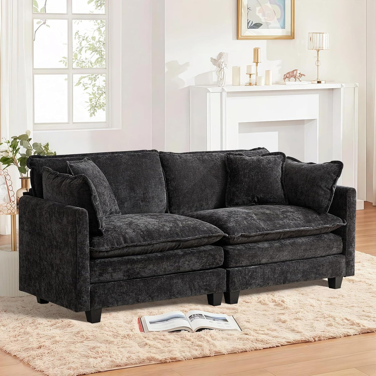 Sofá Modular Modular de 380.0 cm en Forma de L, sofás Convertibles de Gran tamaño, sofá de felpilla de 4 plazas con Asiento Profundo SleeperCloud con Almohadas y 2 otomanas para Sala de