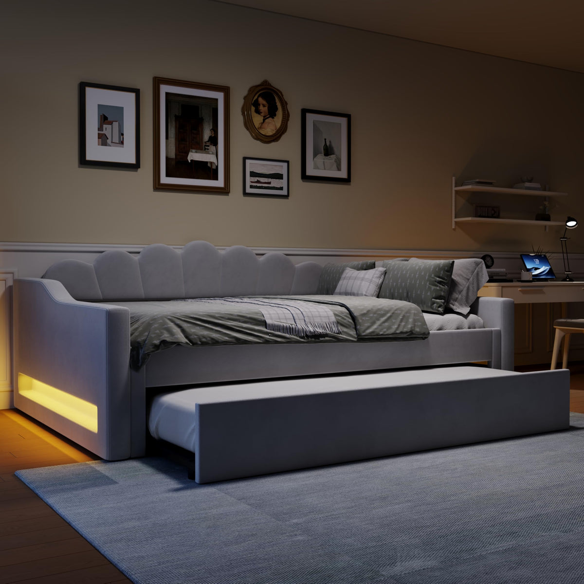 Cama acolchada de 140 x 200 cm con cinturón LED y cama nido (beige)