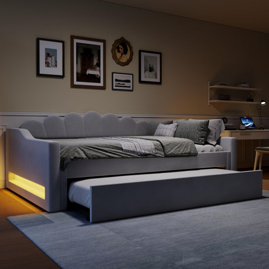 Cama acolchada de 140 x 200 cm con cinturón LED y cama nido (beige)
