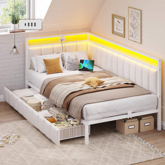 DICTAC Cama Tapizada Sofá Cama 90 x 190 cm con iluminación LED y Toma USB,Camas Juvenil con 2 cajones de Almacenamiento, Estructura de Cama de 90x190 con somier de láminas de Metal, Gris Oscuro