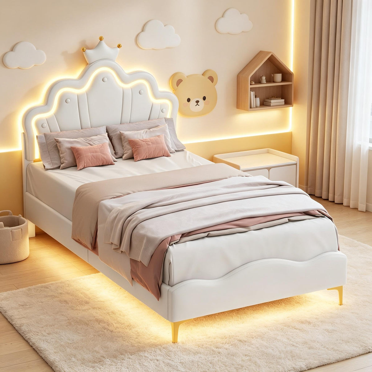 Cama Infantil tapizada 140 x 200 cm con LED, Cama tapizada para niños 140 x 200 con cabecera Ajustable Marco de Camas, Camas de Princesa para Niña en Forma de Corona con Somier(Rosa, 140 x 200)
