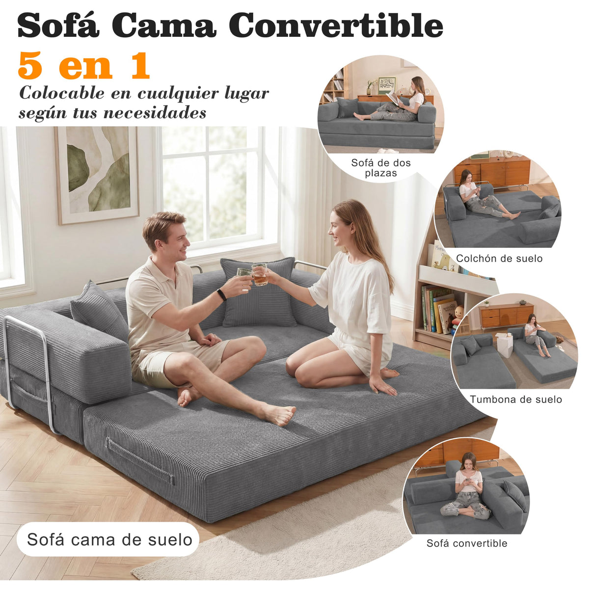 Vipbear Sofá Cama Pana 200×100×70 cm, sofá de Suelo transformable 5 en 1, Espuma de Alta Densidad, Apto para Mascotas y ergonómico, sin Montaje, Verde