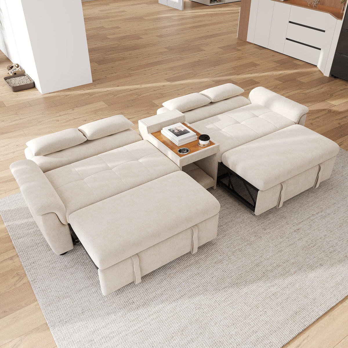LAKFEW Sofa Cama con Cama Extensible y Taburete Almacenaje, Sofa Rinconera con USB, Lámpara de Lectura, Mesa Plegable con 2 Posavasos, 205x205x85 cm, Gris