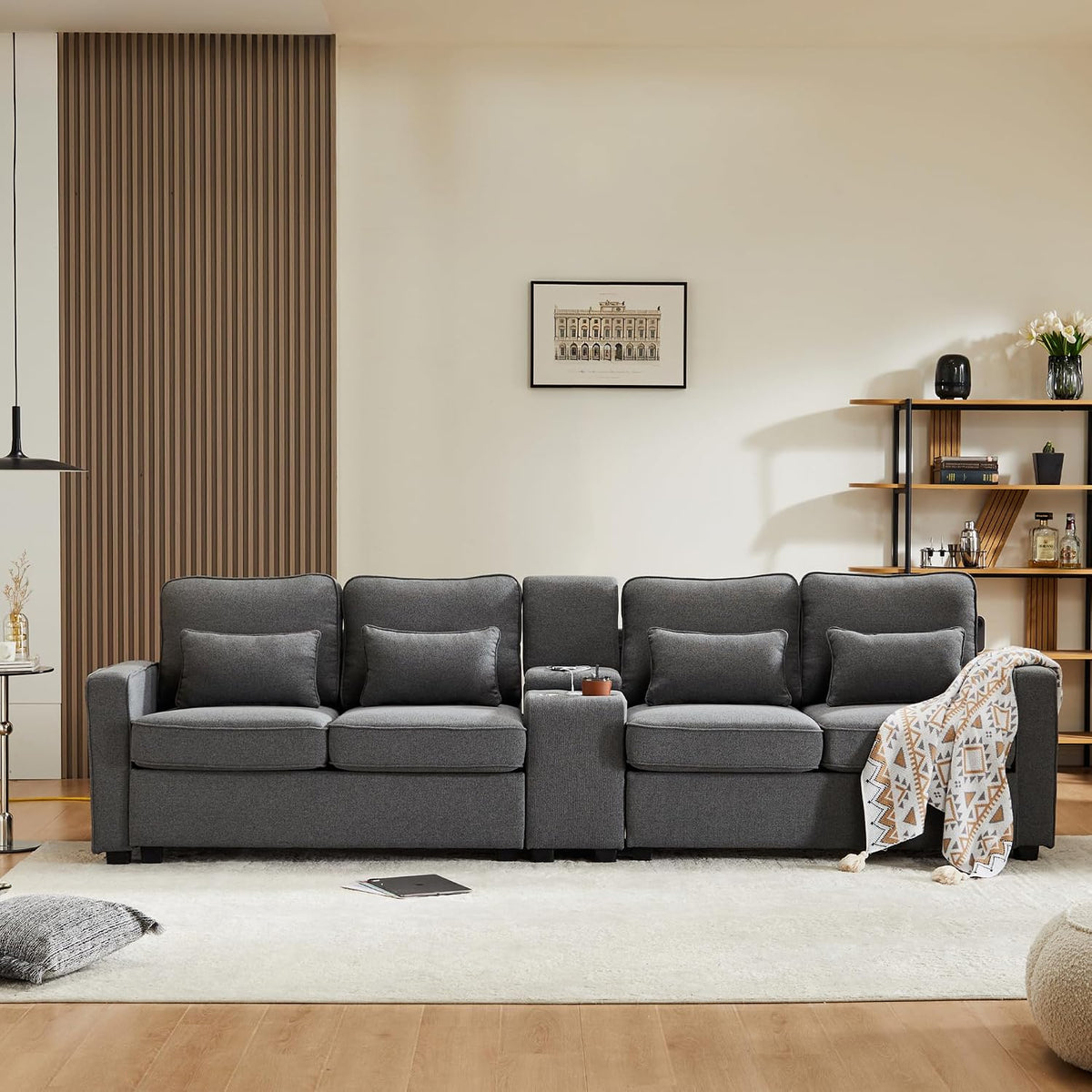 Sofá moderno de 4 plazas, en tejido de lino, soporte para bebidas, 2 puertos de carga USB con cable, bolsillos en reposabrazos y 4 cojines, sofá sencillo para sala de estar