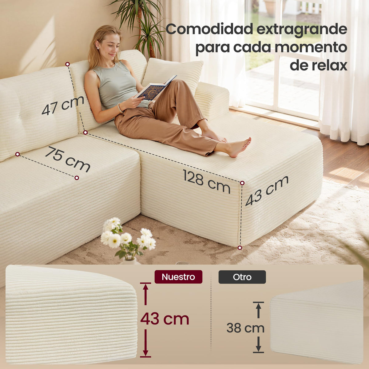 VASAGLE Sofá con Chaise Longue, Esquinero de Pana, Diseño Modular de 3 Plazas, 242 x 152 x 73 cm, Negro, para Salón, Colección Camila LCS183B101