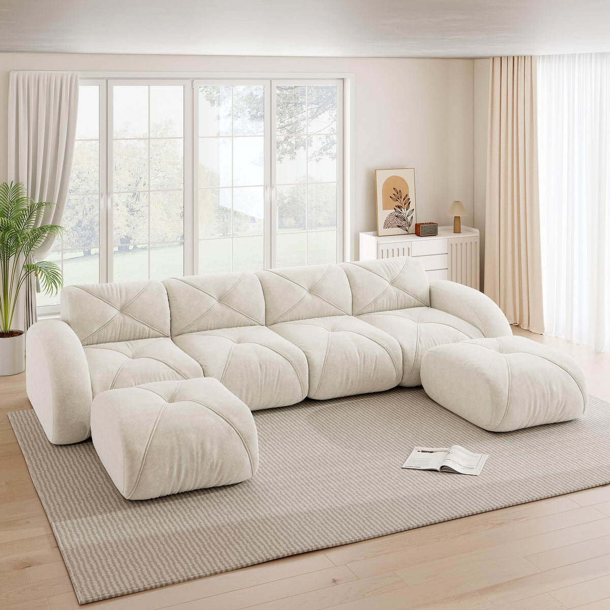 Sofá de esquina en forma de L de 4 plazas con reposapiés, sofá modular Cloud sin marcos de chenilla, sofá de estar suave, antideslizante, combinable de forma flexible, sin montaje, salón color