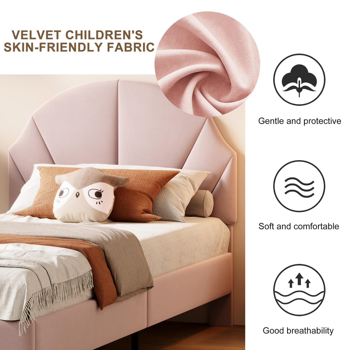 Cama Infantil tapizada 140 x 200 cm con LED, Cama tapizada para niños 140 x 200 con cabecera Ajustable Marco de Camas, Camas de Princesa para Niña en Forma de Corona con Somier(Rosa, 140 x 200)