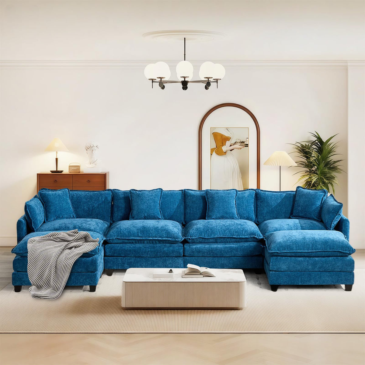 Sofá de salón modular 4 plazas 380cm, chenilla azul con cojines dobles