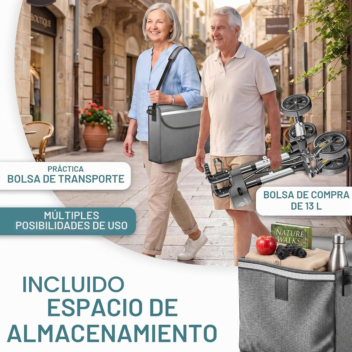 KESSER® Andador plegable con asiento y respaldo, 4 Ruedas/Frenos/Saco de Compra y Porta Bastón, Altura Ajustable 82-94cm, Andador, Carro, Rollator para Ancianos Gris