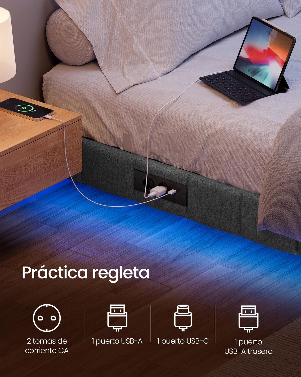 VASAGLE Marco de Cama Flotante, 140 x 200 cm, LED, 2 Tomas y 3 USB