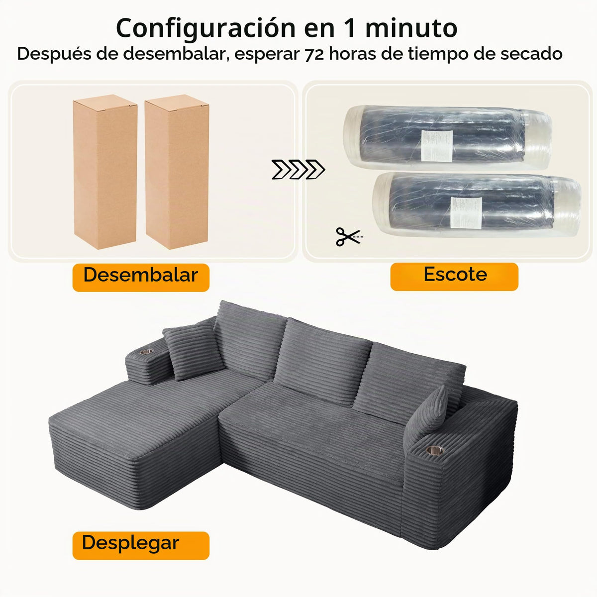 Sofa Modular sofás Comprimidos al vacío, Sofa Cama Chaise Longue 102 inch/261cm Sofá de Suelo Modular sin Estructura con Función de Dormir, Sofá para Salón o Apartamento, Negro