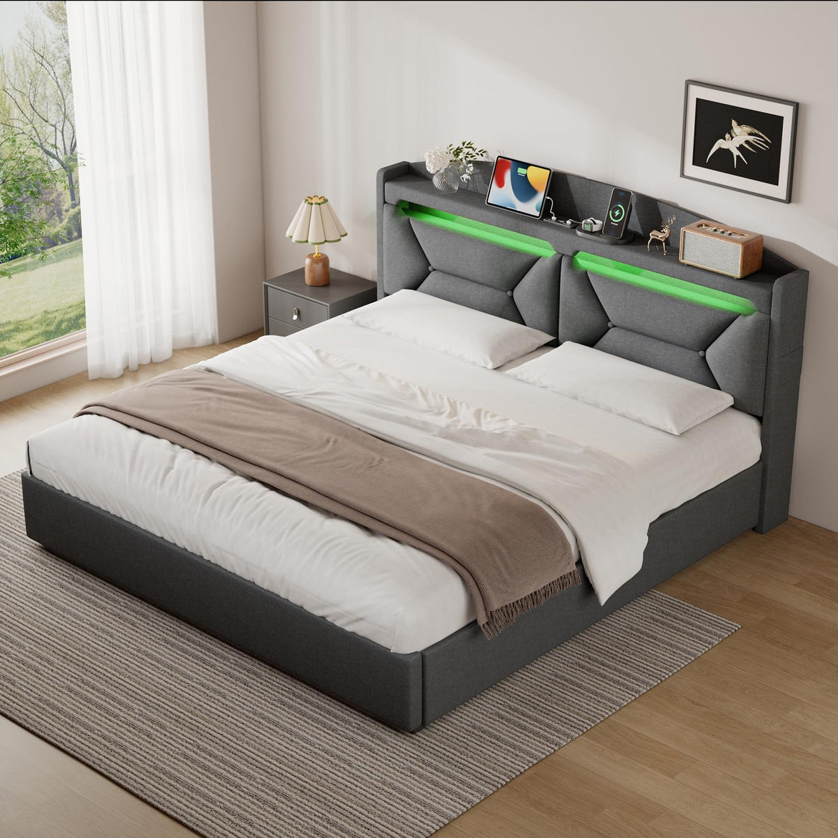 Cama 90x200 cm con Almacenamiento, Cama Individual con LED, Puertos USB y Type-C, Somier 90x200 Hidráulico, Camas Juveniles Camas Infantiles con Cabecero, Lino, Beige, Colchón No Incluido