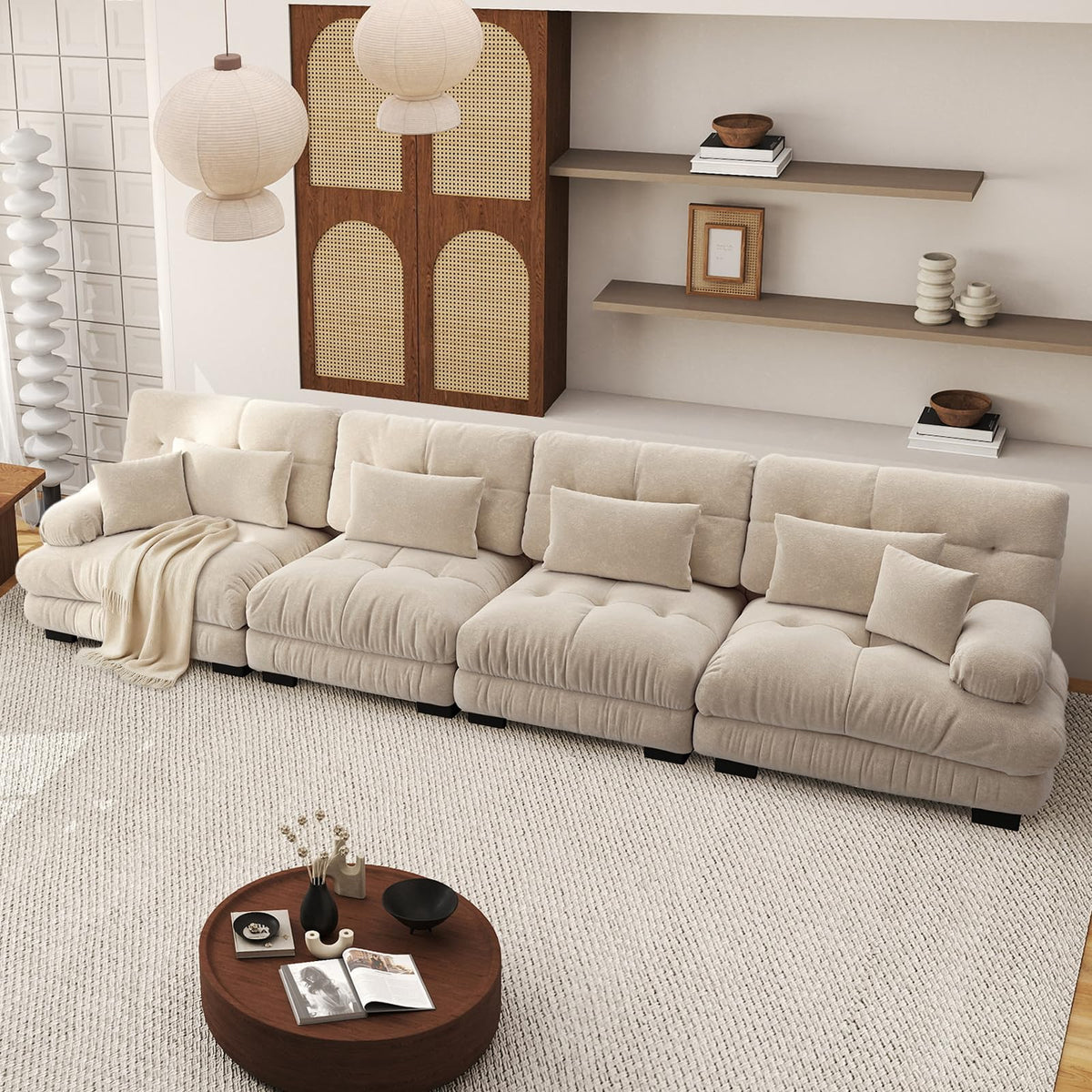 SoarFlash Sofá U Modular de 4 plazas para salón Moderno, sofá Nube de Tela Chenille con reposabrazos, Color Amarillo, 145×406 cm