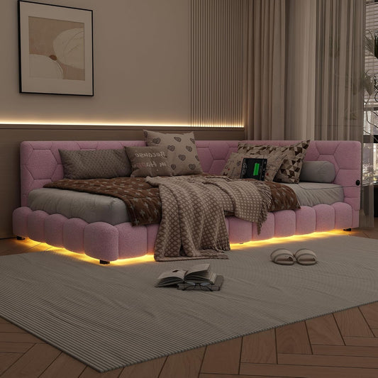 Cama diurna, 90 x 200 cm, sofá cama, cama con somier (sin colchón), 16 colores de luz ambiental, conector USB, tipo C, material cómodo, imitación de fieltro, rosa