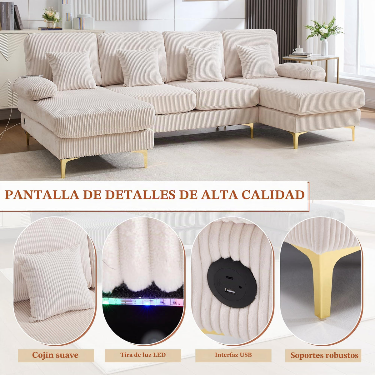 Lubvtti Sofá Moderno en U con iluminación Ambiental LED y Puerto USB+Type-C,sofá 4 plazas con 4 Cojines de Lujo y Respaldo ergonómico, sofá cheslong 4 plazas,Terciopelo,Negro