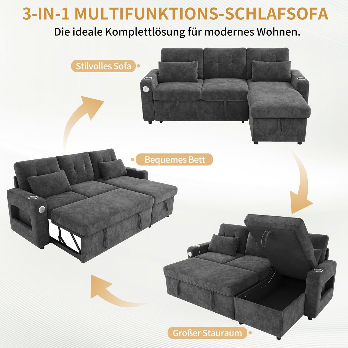 Sapgaks Sofá de esquina convertible de 6 plazas con USB, sofá convertible de 6 plazas, sofá de 6 plazas, en chenilla, con apoyabrazos en forma de librería, puf extraíble para configuraciones en L y en