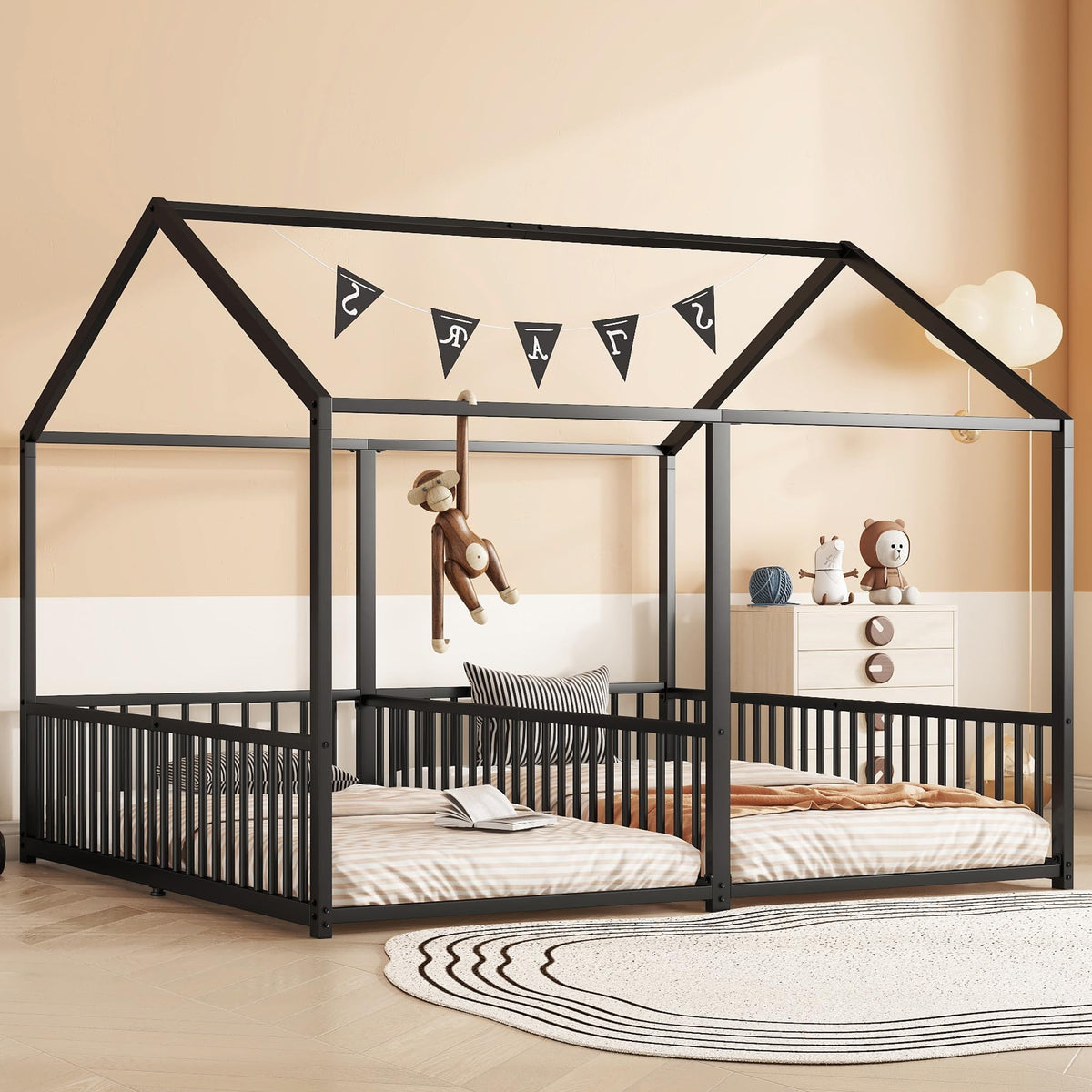 Cama infantil de 90 x 200 cm, dos camas de 90 cm con protección anticaídas, cama doble con modelado de casa, marco de hierro, color blanco, ideal para 2 niños
