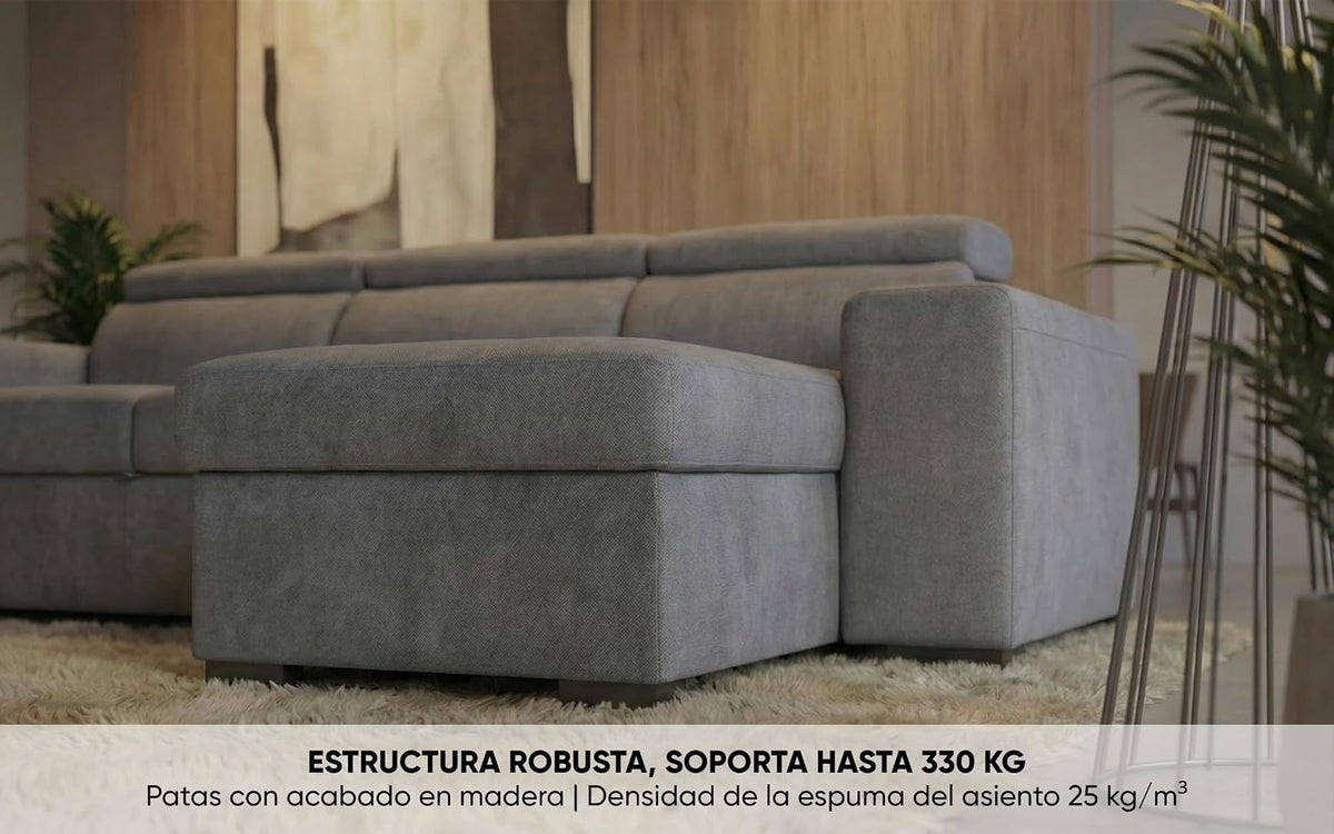 BUDWING John Sofá Cama Esquinero 4 Plazas - Chaise Longue Reversible, Reposacabezas Ajustable y 2 Pufs – Tapizado en Poliéster – Estilo Moderno – 263x161x96 cm – Gris Claro