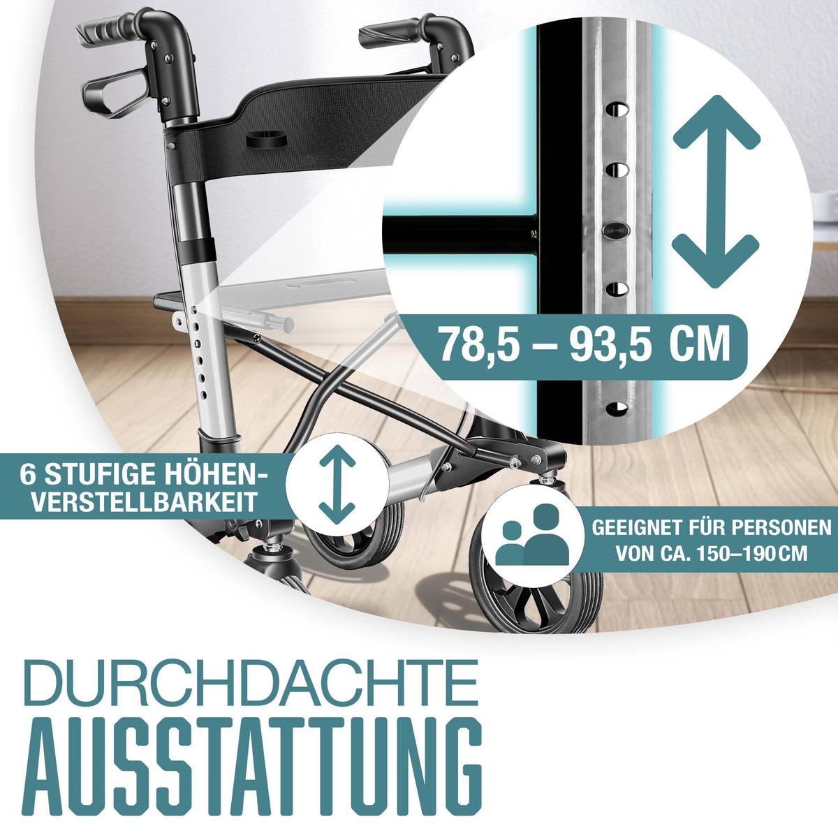 KESSER® Andador plegable con asiento y respaldo, 4 Ruedas/Frenos/Saco de Compra y Porta Bastón, Altura Ajustable 82-94cm, Andador, Carro, Rollator para Ancianos Gris