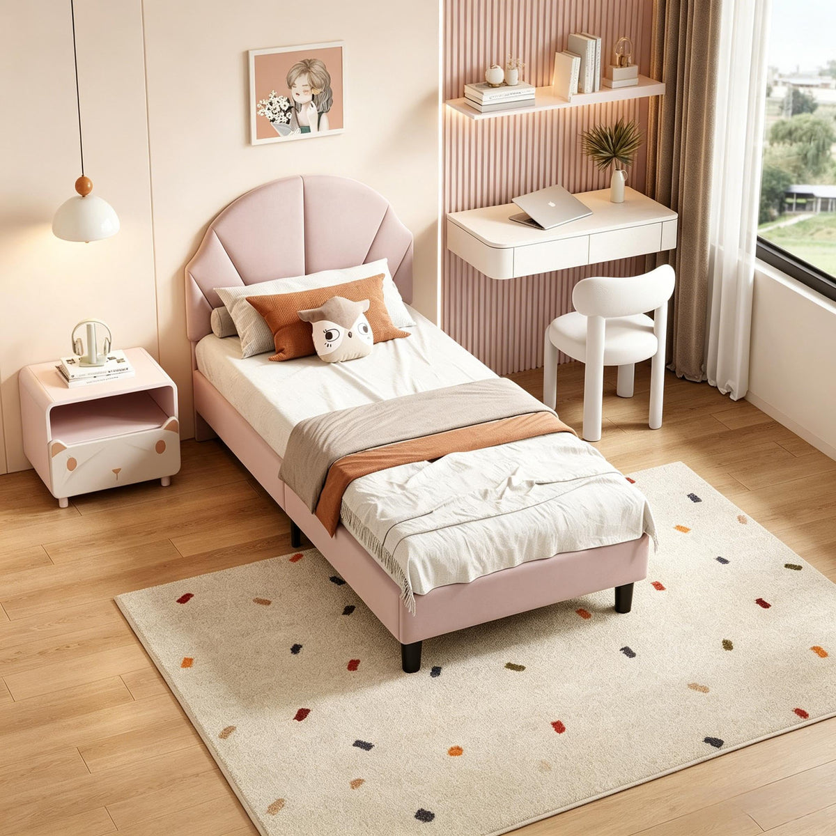 Cama Infantil tapizada 140 x 200 cm con LED, Cama tapizada para niños 140 x 200 con cabecera Ajustable Marco de Camas, Camas de Princesa para Niña en Forma de Corona con Somier(Rosa, 140 x 200)