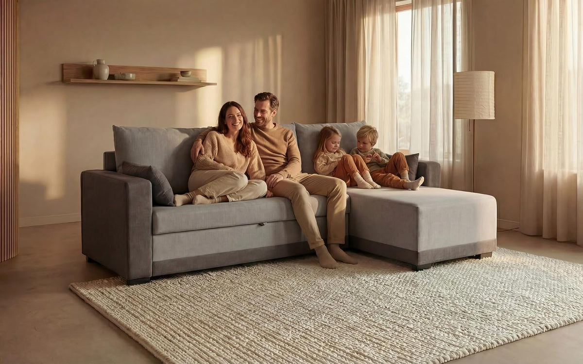 BUDWING Leah Sofá Cama Esquinero 3 Plazas - Chaise Longue Reversible y 2 Cojines Decorativos – Tapizado en Poliéster – Estilo Moderno – 233x124x69 cm – Gris Bicolor